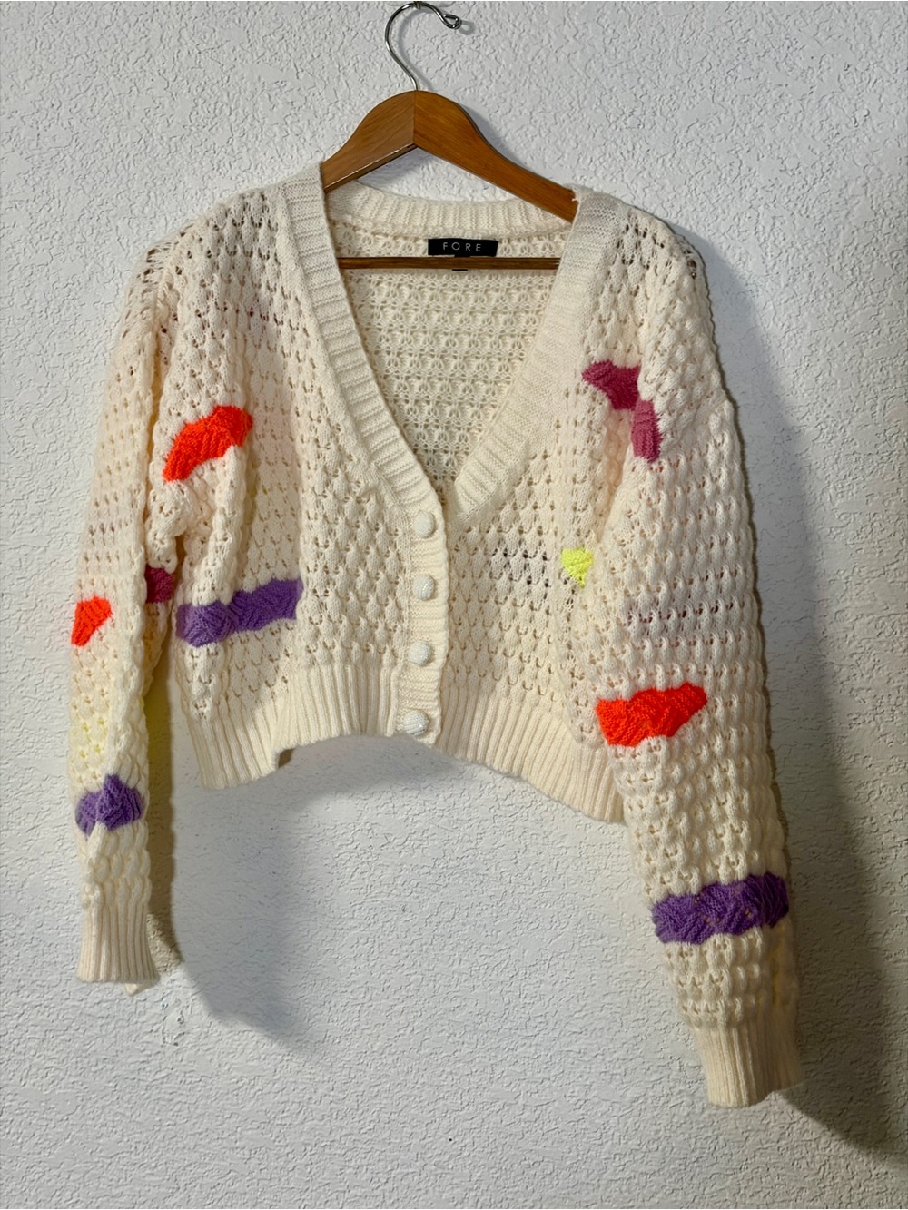 Cream Chunky knit Cream Cardigan with Colorful Accent Details